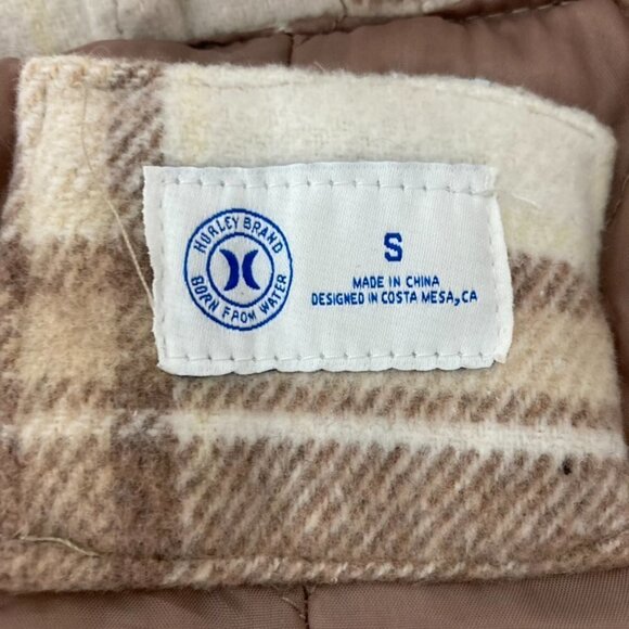 Hurley Cream & Brown Plaid Flannel Shacket Jacket Fall Neutral Pocket Size Small - Picture 3 of 12